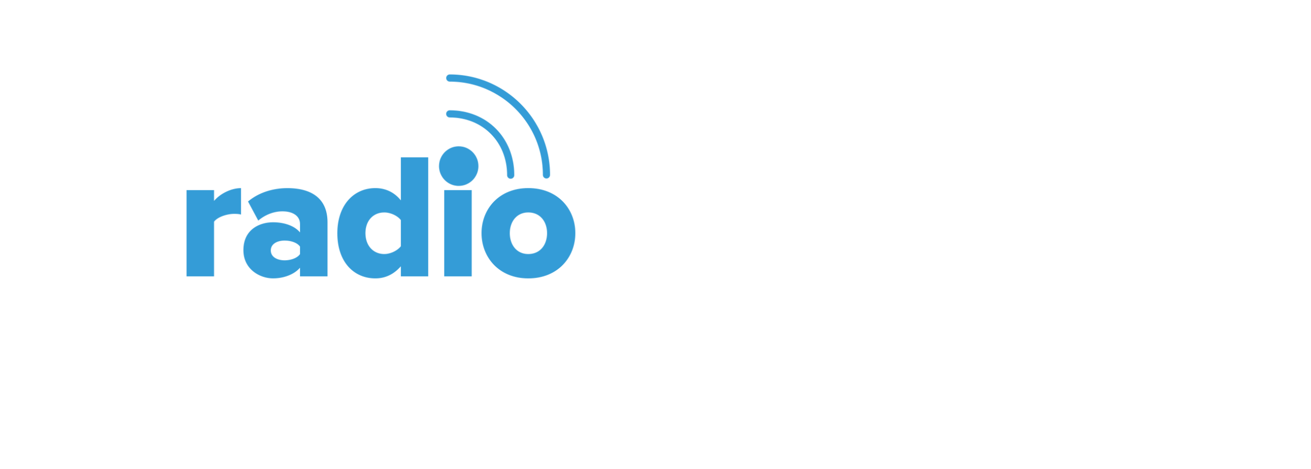 Blue radio logo with the word 'radio' in lowercase letters and three curved wireless signal waves above the letter 'o'